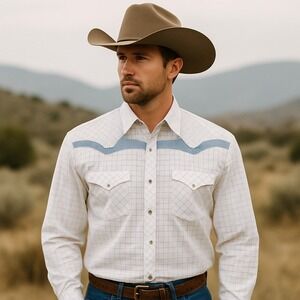 Vintage Tem Tex‎ Pearl Snap Western Shirt Mens L Plaid Rodeo Cowboy Yoke USA